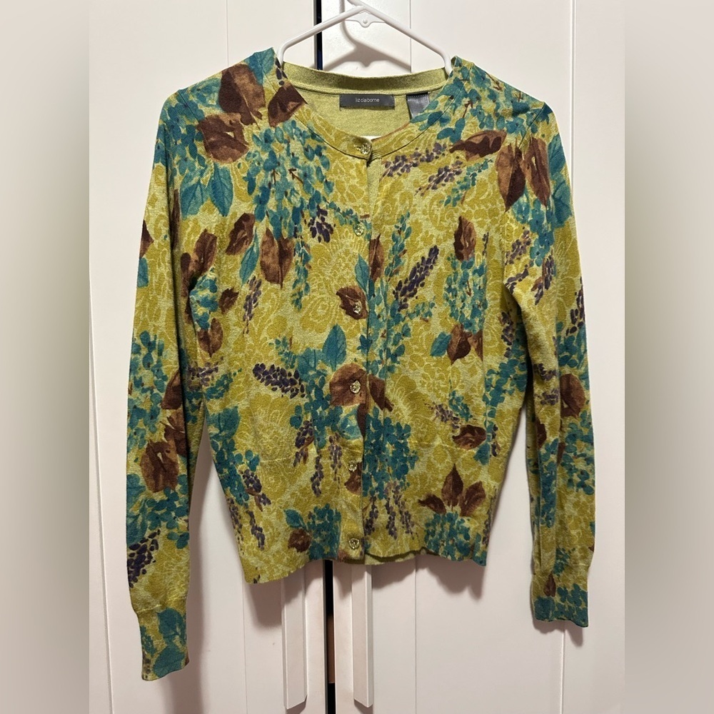Liz Claiborne Women's Floral Green and Brown Cardigan Sweater Size L